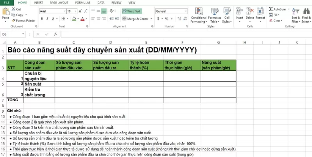 mẫu excel báo cáo sản lượng